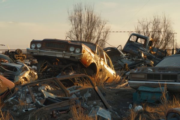 Abandoned cars pile in junkyard, a solemn testament to decay and obsolescence. Abandoned cars pile in junkyard, a solemn testament to decay and obsolescence.