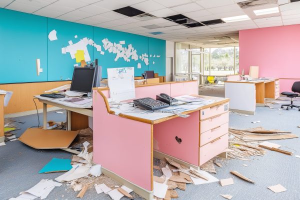 Demolished abandoned office interior with messy destroyed furniture, papers, and debris scattered around. Demolished abandoned office interior with messy destroyed furniture, papers, and debris scattered around.
