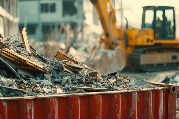Demolition debris in red dumpster with excavator. Demolition debris in red dumpster with excavator.